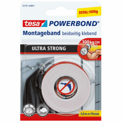 tesa Powerbond ULTRA STRONG - Doppelseitiges, extra starkes Montageband zur permanenten Befestigung im Außen- und Innenbereich - 1,5 m