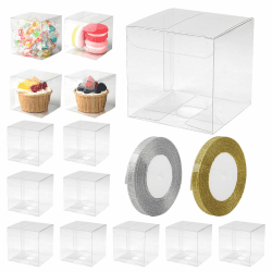 lalago 50pcs Kunststoff Geschenkbox Plastik Weihnachten Transparent Kunststoff Geschenkboxen für Verpackung Hochzeitsbevorzugungsboxen Süßigkeiten mit 2 Rollen Gold- und Silberbändern(7x7x7cm)