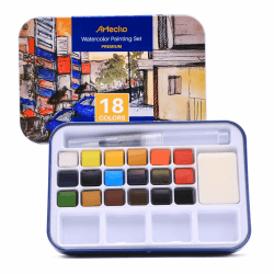 Artecho Aquarellfarben Set, 18 Basic Farben Wasserfarben, Aquarell mit Wassertankpinsel, Tragbar Aquarell Malkasten, perfekt für Anfänger und Profis, das ideale Geschenk