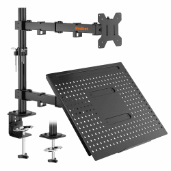 Redbat Monitorarm mit Laptopfach, Dual Screens, Voll einstellbar für 13 bis 32 Zoll LCD LED Bildschirm bis 8kg & Notebook bis 16 Zoll, Neigen, Schwenken & Drehen, 2 Befestigungsmöglichkeiten