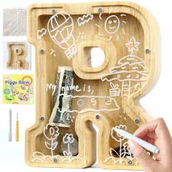 Lakpopya Spardose für Kinder Jungen Mädchen Sparschwein Kinder Spardose Personalisiert Durchsichtig Spardose Buchstabe Holz A-Z mit Zielbereich & Aufkleber & Marker, Taufe Geschenk Dekoration (R)