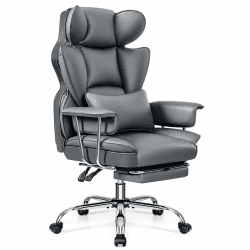 DoChair Bürostuhl Ergonomisch mit Fußstütze und Lendenwirbelstütze, PU Leder Chefsessel mit Lendenwirbelstütze und hoher Rückenlehne,Komfortabler Bürostuhl 200kg (grau)