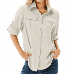 yeyity Hemdbluse Damen UPF 50 UV Schutz Langarmshirt Damen Outdoor Wanderhemd Safari Kleidung Damen Atmungsaktiv Quick Dry Casual Tops Sport Oberteile L Light Khaki