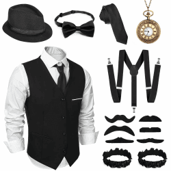 Alintor 20er Jahre Herren Accessoires, Karneval Mafia Peaky Blinders Kostüm, Gangster Panamahut Vintage Taschenuhr, Weste Verstellbar Hosenträger Fliege, Krawatte Ideal für 20er Jahre Accessoires