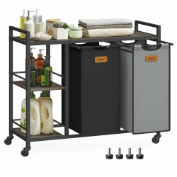 VASAGLE Wäschekorb 2 Fächer, Wäschesammler 100 L, Wäschesortierer, Rollen, Wäschewagen mit Ablagen, Wäschesack, mit abnehmbaren Taschen, 6 Etiketten, kastanienbraun-tintenschwarz-taubengrau BLH311B02