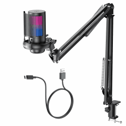 Gaming Mikrofon PC RGB mit Arm, für Streaming Podcast Studio, USB Microphone für PS4 PS5 Mac, Ein-Klick-Stummschaltung, Mit 3,5-mm-Kopfhöreranschluss,Drehregler zum Einstellen der Lautstärke