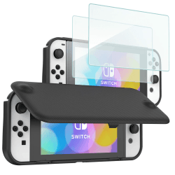 ProCase Klapp Schutzhülle + (2 Stück) Displayschutz für Nintendo Switch (OLED Modell) Weich dünn TPU Stoßfest Hülle + 2 Hartglas Blasenfrei Displayschutzfolien aus gehärtetem Glas -Schwarz