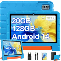 2025 Neueste Kinder Tablet 10 Zoll Android 14 Tablet, 20 GB RAM+128GB ROM(TF 1TB), 5G WiFi 6, Octa-Core, Widevine L1, Kindersicherung, 6000mAh, BT 5.0, GMS Certified Kids Tablet mit Eva Case - Blau