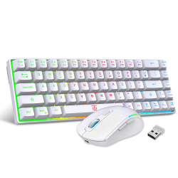 Snpurdiri 60% Tastatur Maus Set Kabellos, LED-Beleuchtung, wiederaufladbare 2000mAh Batterie Small Mini 60 Prozent Wireless Gaming Combo, Ergonomisches Design 6D 3200DPI Maus (Weiß)