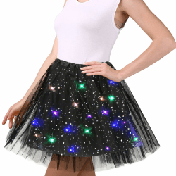 Tüllrock Damen, 45cm Sterne Pailletten Tanzkleid, Dehnbaren Minirock Mit LED Lichter, Erwachsene Tütü Rock Ballettrock für Fasching Halloween Karneval Party, Ballett Tanzen Dress für Teenager Schwarz