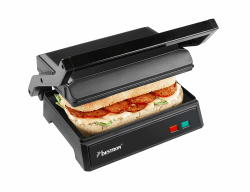 Bestron elektrischer Kontaktgrill mit Auffangschale, Sandwichmaker mit Cool-Touch-Handgriff, Paninimaker mit Antihaftbeschichtung, 700 Watt, APM123Z, Farbe: Mattschwarz, 22,5 x 14 cm