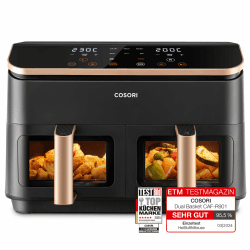 Cosori Heißluftfritteuse 2 Kammern Airfryer, 6-in-1 Dual Zone Air Fryer XXL 8,5 L, Heissluftfritteuse Doppelkammer mit Sichtfenster für vollständige Mahlzeit, 50 Rezepte, energiesparend, Gold