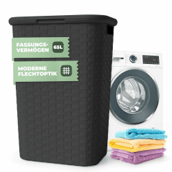 Wäschekorb mit Deckel Rattan - Wäschebox in Flechtoptik 65 L - Wäschesammler Kunststoff mit seitl. Griffen - Platzsparende Wäschesammelbox für Badezimmer & Wohnräume - Wäschetonne anthrazit