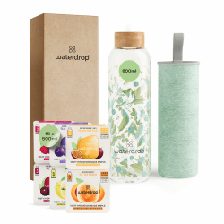 waterdrop® Geschenkset – Trinkflasche – 600ml Glasflasche auslaufsicher - 18 zuckerfreie Getränkewürfel zum Auflösen - Kohlensäure geeignet – Premium Geschenkbox - ideal als Weihnachtsgeschenke