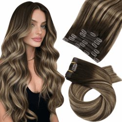 Moresoo Clip in Extensions Echthaar 50cm Balayage Braun mit Karamellblond Haarextension Clips Haarverlängerung Echthaar Clip in Extensions #4/27/4 7Stück/120G 50 cm #4/27/4