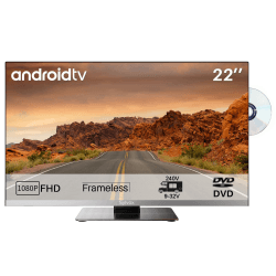 SYLVOX 22 Zoll 12V Rahmenloser 1080P FHD Fernseher/Smart TV für Wohnmobil & Camping & Anhänger- mit DVD Player, Satelliten - Decoder, Android TV Support RJ45 & WiFi