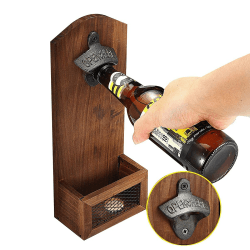 RRMMAN Wandbefestigte Flaschenöffner, Vintage Holz Bier Flaschenöffner, Wandbefestigte Flaschenöffner mit Kappe Catcher Flaschenöffner mit Kappe Catcher, GIve Bar Geschenke für Bierliebhaber