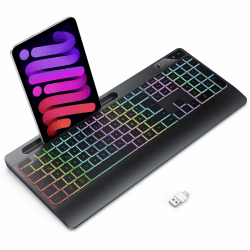 TECURS Gaming Tastatur Kabellos-Leise, Ergonomisch, 2 in 1 USB A/C, Multimedia-Tasten, Handy Halter, Kabellose Tastatur Beleuchtet Wireless für PC/Windows/Mac, QWERTZ Deutsche Layout(Schwarz)