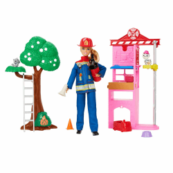 Barbie-Karriere Feuerwehrfrau-Puppe und Spielset mit Feuerwache und Baum, 2 Tieren, Farbwechseleffekt und mehr als 10 Zubehörteilen darunter ein Feuerlöscher-Spritzspielzeug, HRG55