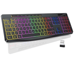 TECURS Tastatur Kabellose Gaming - Leise Tastatur QWERTZ Beleuchtet Ergonomisch Wasserdicht, 2.4Ghz Led Keyboard für Windows/Mac /PS4/ Xbox mit Multimedia-Tasten Schwarz