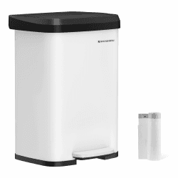 SONGMICS Mülleimer Küche, 50 Liter Abfalleimer, Tretmülleimer aus Metall, mit Deckel, hoch, schmal und geräumig, weiß-schwarz LTB530W5002
