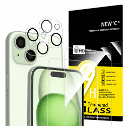 NEW'C 4 Stück, 2 x Panzer Schutz Glas für iPhone 15 (6,1") und 2 x Kamera Panzer Schutz Glas Kameraschutz für iPhone 15 (6,1")