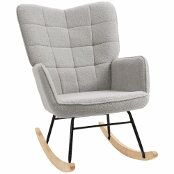 HOMCOM Schaukelstuhl, Schaukelsessel mit Berbervliesoptik, Armlehne, Gepolsterter Sessel mit Holzkufen, Relaxsessel für Wohnzimmer, Schlafzimmer, bis 120kg belastbar, Hellgrau