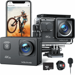 WOLFANG Action Cam 4K30FPS 20MP mit 32GB microSDXC Speicherkarte WiFi 40M Unterwasserkamera Wasserdicht EIS Actioncam Fernregler Mikrofon Zubehör Kit