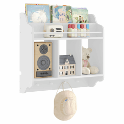 WOLTU Bücherregal Kinder, Wandregal Schweberegal Hängeregal Kinderzimmer, schwebendes Regal für Stereoanlage Kompaktanlage, mit 1 Oberfach 3 offenen Fächern 4 Haken, Weiß, KR044ws