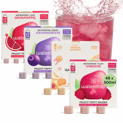 waterdrop® Microdrink Set | 48 Waterdrop Drops Würfel - 4 fruchtige Sorten | Zuckerfreies Getränkpulver | Geschmack für Wasser | kalorienarm mit wertvollen Vitaminen | Brausetabletten | Wasserzusatz