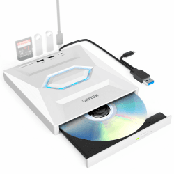 Unitek Externes CD DVD Laufwerk, USB C Tragbares CD/DVD +/-RW Laufwerk/DVD Player mit SD Kartenleser USB 3.0 USB C Hub CD ROM Brenner Kompatibel mit Laptop Desktop PC Windows Linux OS Surface Apple