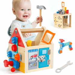 XIAPIA Werkzeugkoffer Kinder Werkzeug Holzspielzeug, 32 Stück Werkbank Kinderwerkzeug Set mit Holzwerkzeug und Werkzeugkasten, Motorikspielzeug ab 2 3 4 5 Jahre Jungen Mädchen, Geburtztag Geschenk