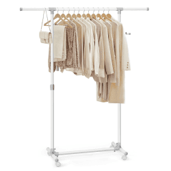 SONGMICS Kleiderständer auf Rollen, Kleiderstange, höhenverstellbar zwischen 97 und 165 cm, ausziehbare Garderobenstange, Garderobenständer, seitliche Haken für Accessoires, weiß LLR001W01
