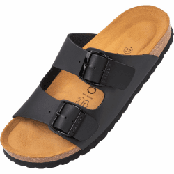 Palado Damen Pantoletten Korfu PF - Hausschuhe mit Natur Kork-Fussbett - bequeme Sandalen - Zweiriemer - Made in Spain 40 EU Basic Matt Schwarz