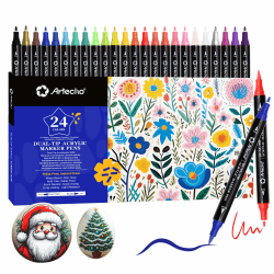 Artecho Acrylstifte 24 Farben, 0.5-5mm Wasserfester Dual Tip Marker (Pinsel und feine Spitze), mit doppelten Enden für Rock Painting, Papier, Holz, Ei, Leinwand, Stoff, DIY Crafts