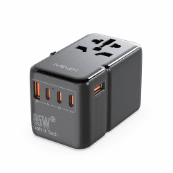 MINIX Universal-Reiseadapter, 85 W GaN III, internationaler Netzadapter, 3 USB-C-2-USB-A-Anschlüsse, AC-Steckdose, weltweites Reise-Ladegerät für Laptops, Tablets, Handys und mehr.