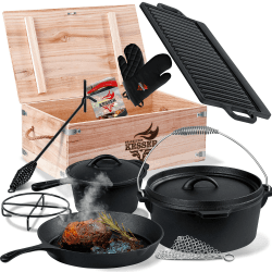 KESSER® Dutch Oven Set 10-teilig in Holzkiste Mit viel Zubehör - Gusseisen - bereits eingebrannt mit Kochtopf Grillplatte Pfanne Deckelheber Inkl. Rezeptbuch Handschuhe