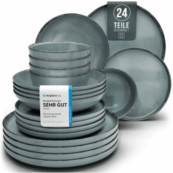 Steingut Geschirrset 6 Pers. Rustic 24-tlg Hochwertiges Landhausstil TEST SEHR GUT Steingut Geschirr Set - Schüssel- und Teller Set - Tafelservice 6 Personen Geschirrsets Pure Living in Rauchblau