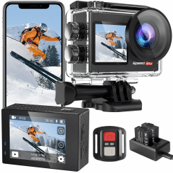 Hiicam Action Cam 4K60FPS 40MP WiFi Unterwasserkamera 40M Wasserdicht Ultra HD Touchscreen Actioncam 170° Ultra-Weitwinkel, EIS Stabilisierung, 5X Zoom, 2.4G Fernbedienung und 2 Akkus 1350mAh