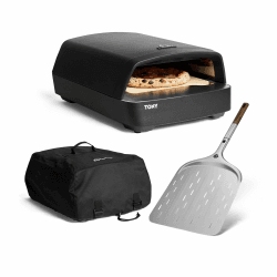 BURNHARD Gas Pizzaofen - Tony inkl. Pizzaschieber & Abdeckhaube, 450 °C, Tragbarer 5,9 kW Outdoor Ofen für Pizza (58,5 x 47,7 x 24,8 cm) inkl. Cordierit-Pizzastein
