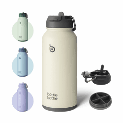 BOTTLE BOTTLE Edelstahl Trinkflasche 1L mit Strohhalm Thermoskanne Sport Auslaufsicher Isolierflasche Design für Fitnessstudio, mit Pillendose (Grau)