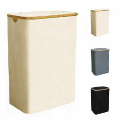 CALIYO WäSchekorb Mit Deckel, 100 Liter WäScheköRbe mit Henkel und Innentasche, Faltbarer Groß WäSchekorb Beige, Laundry Baskets, WäSchetonne für Schlafzimmer Badezimmer-Beige