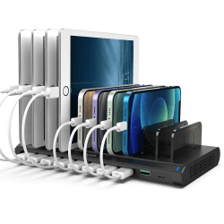 Alxum 120W USB Multi Mobile Ladestation mit QC 3.0 Schnellladung & Typ C-Handy-Ladestation mit 10 Anschlüssen und abnehmbaren Trennwänden (Schwarz)