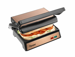 Bestron elektrischer Kontaktgrill mit Auffangschale, Sandwichmaker mit Cool-Touch-Handgriff & 180° Öffnung, Paninimaker mit Antihaftbeschichtung, Einsteigermodell, Copper Collection, Farbe: Kupfer