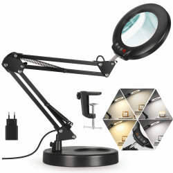 Veemagni 10X Lupe mit Licht, 5 Farbmodi Stufenlos Dimmbar 2-in-1 Schreibtischlampe und Klemme, LED Beleuchtete Lupe mit Licht und Ständer, Hände Frei für Handwerk Hobby Malerei Schließen Arbeit