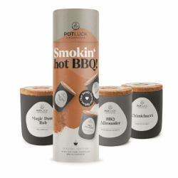 POTLUCK I Hot BBQ 3er Gewürzset I 3 erlesene BBQ & Rub Grillgewürze I Besondere Gewürze Set für ihn I Wiederverwendbarer Keramiktopf I Gesunde Ernährung, Lecker Essen für zu Hause