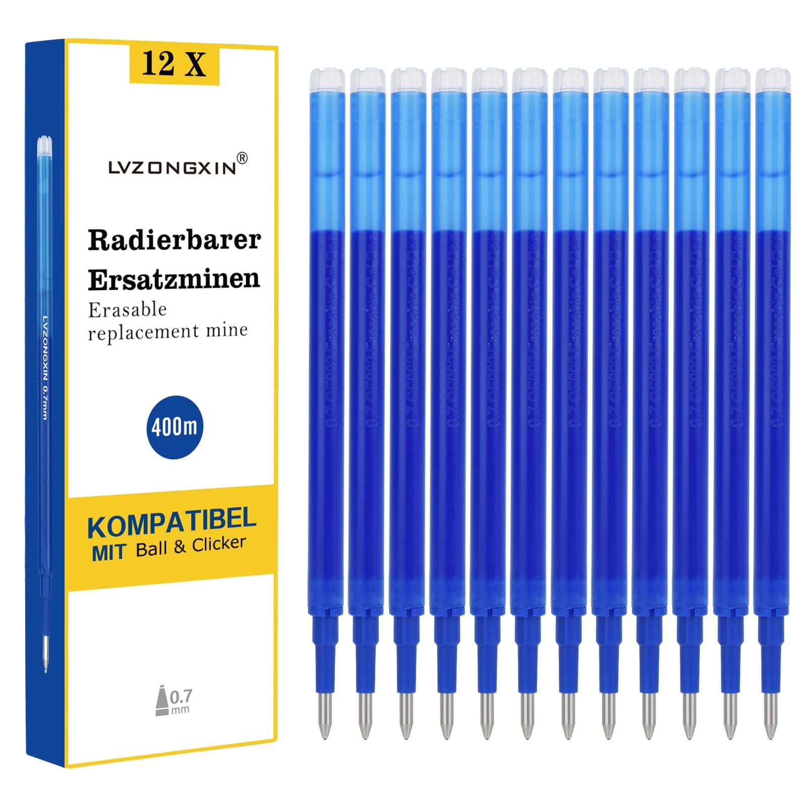 [12 Stück] - LVZONGXIN Radierbare Ersatzmine, Kompatibel mit Pilot FriXion Ball & Clicker & Eberhard Faber animal erase it, Spitze 0,7 mm,Nachfüllminen mit radierbarer Tinte (BLAU, 12)