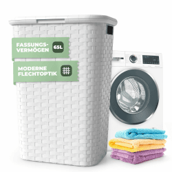 Wäschekorb mit Deckel Rattan - Wäschebox in Flechtoptik 65 L - Wäschesammler Kunststoff mit seitl. Griffen - Platzsparende Wäschesammelbox für Badezimmer & Wohnräume - Wäschetonne weiß