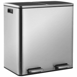 LIFERUN Mülleimer 2 Fächer, Abfalleimer Küche 60L (2x 30 Liter), aus Metall, mit Softclose Deckel, 2 Kunststoff Inneneimer, Griffe, Rechteckiger, Doppelfach Treteimer- Silberner Edelstahl