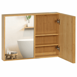 kleankin Spiegelschrank, Wandschrank mit 3 Innenböden, Badspiegelschrank mit Doppeltür, Hängeschrank für Badezimmer, Schlafzimmer, Bambus, Natur, 65,2 x 14 x 50 cm